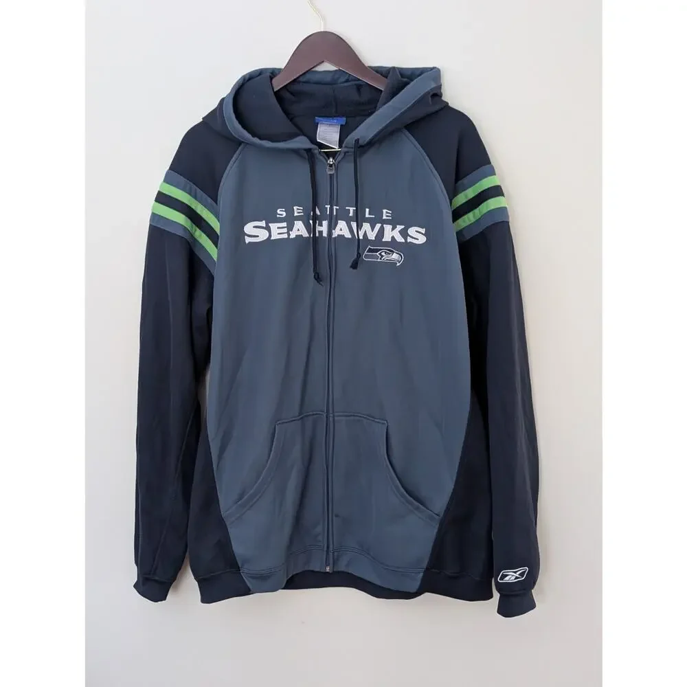 Vintage Reebok NFL Seattle Seahawks Full Zip Hoodie Men’s Large - Blue/Grey - Picture 2 of 10